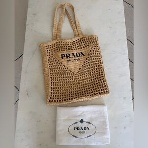Authentic Prada raffia straw natural logo crochet tote bag